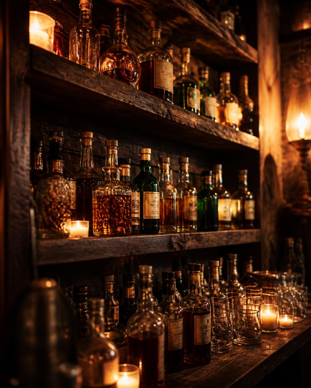 Rustic bar shelves lined with reclaimed liquor bottles awaiting a BYOB commission